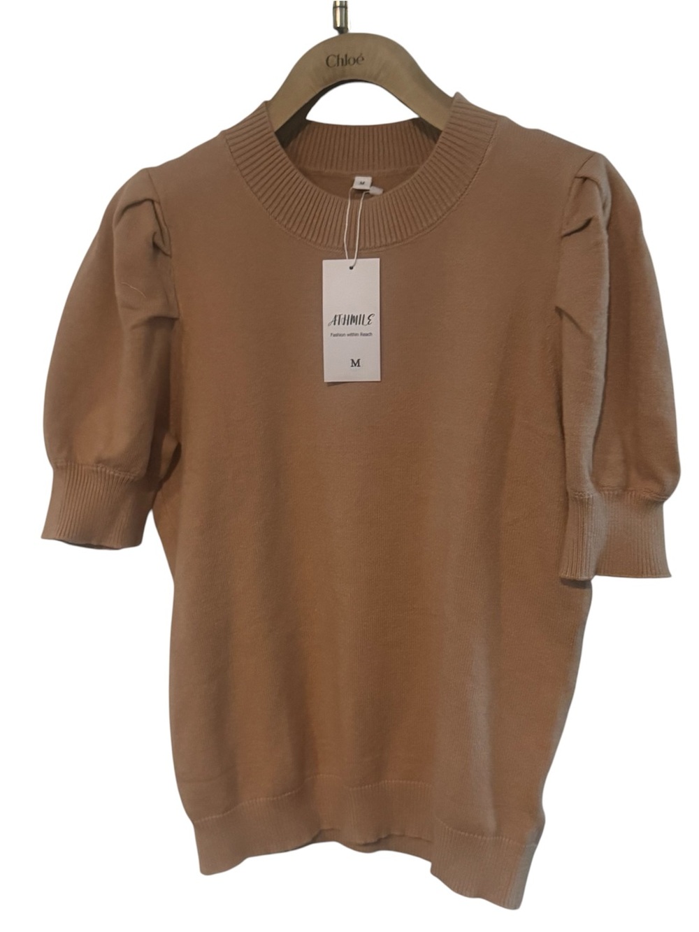 ATHMILE Classic Camel Puff Short Sleeve Knit Pullover Top - Size M NWT - Picture 2 of 5